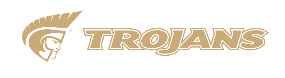 Trojan athletic wordmark with icon, horizontal, Pantone Coated gold text gold outline variant