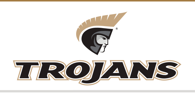 Athletic Trojan Wordmark with Icon, black text, white gold outline, stacked variant