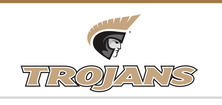 Athletic Trojan Wordmark with Icon, gold text, white black outline, stacked variant