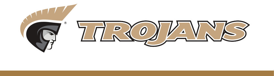 Athletic Trojan Wordmark with Icon, gold text, white black outline, horizontal variant