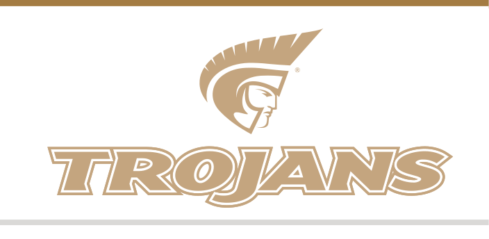 Athletic Trojan Wordmark with Icon, gold text, gold outline, stacked variant