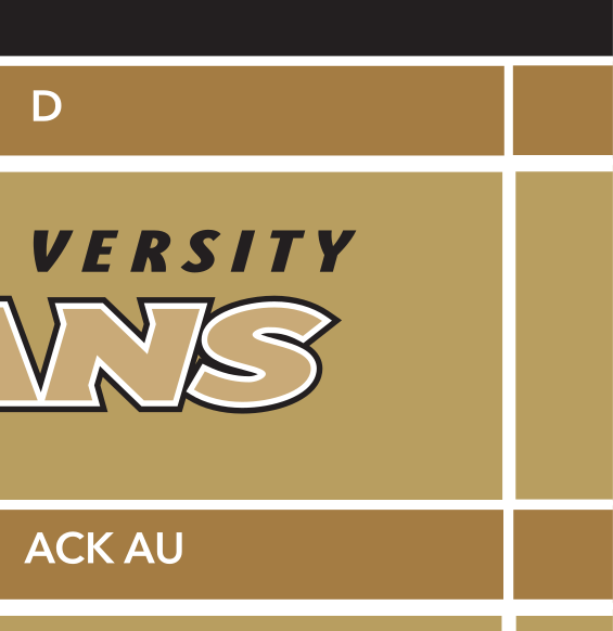 Trojan head icon with Anderson University Trojans wordmark, gold text, black outline, black AU, CMYK, stacked variant, cell 2