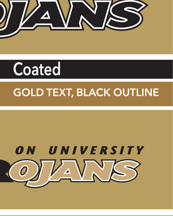 Trojan head icon with Anderson University Trojans wordmark, gold text, black outline, black AU, Pantone Coated variant, cell 3