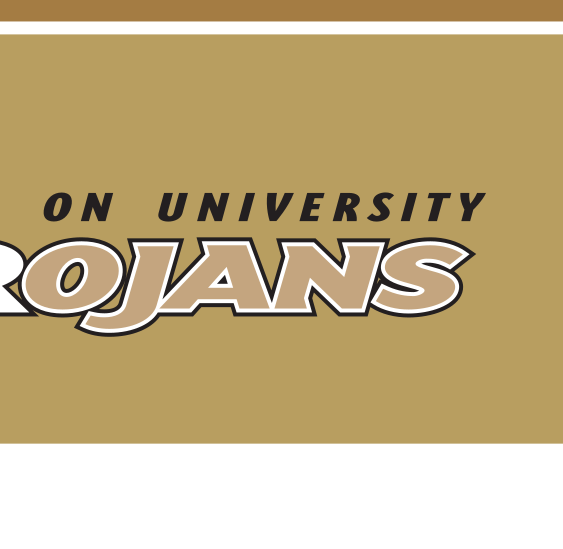 Trojan head icon with Anderson University Trojans wordmark, gold text, black outline, black AU, Pantone Coated, stacked variant, cell 4