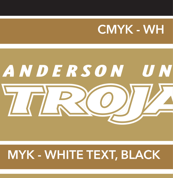 Trojan head icon with Anderson University Trojans wordmark, black text, black outline, black AU, Pantone Uncoated, stacked variant, cell 2