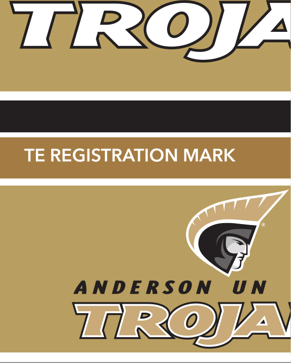 Trojan head icon with Anderson University Trojans wordmark, gold text, black outline, black AU, Pantone Uncoated variant, cell 3