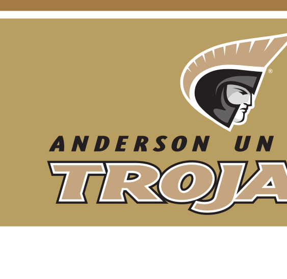 Trojan head icon with Anderson University Trojans wordmark, gold text, black outline, black AU, Pantone Uncoated, stacked variant, cell 4