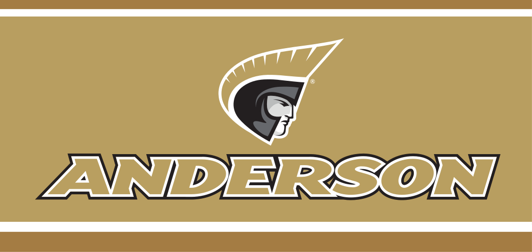 Anderson University athletic wordmark with icon, CMYK, gold text, stacked variant