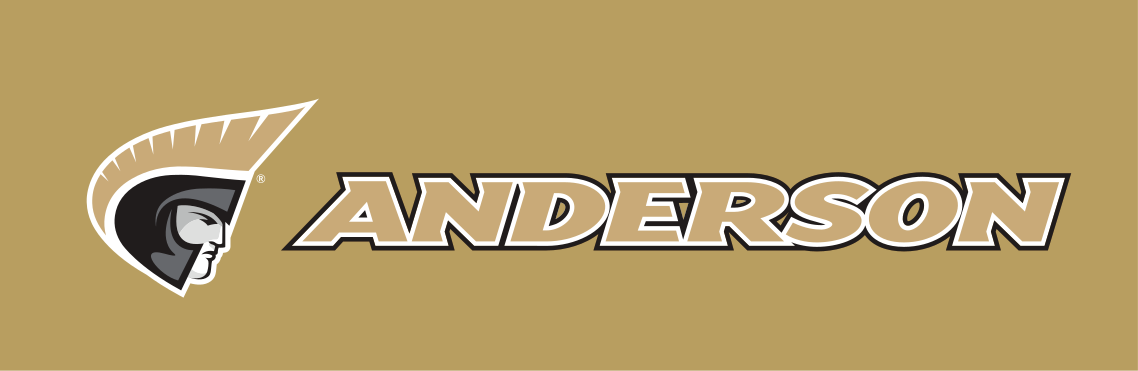 Anderson University athletic wordmark with icon, Pantone Coated, gold text, horizontal variant
