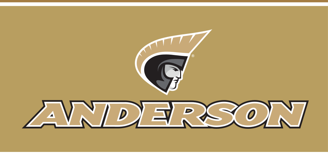 Anderson University athletic wordmark with icon, Pantone Coated, gold text, stacked variant