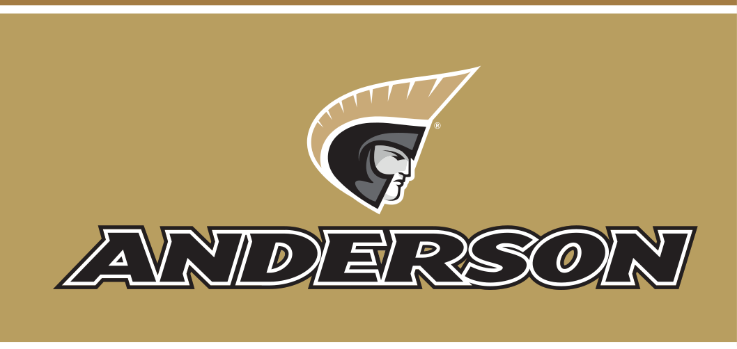 Anderson University athletic wordmark with icon, Pantone Coated, black text, stacked variant