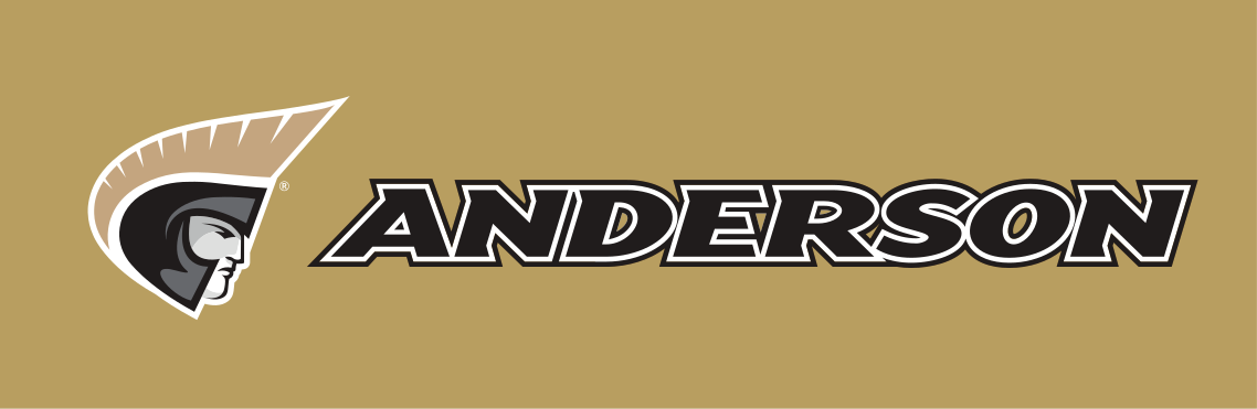 Anderson University athletic wordmark with icon, Pantone Uncoated, black text, horizontal variant