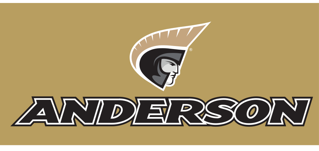 Anderson University athletic wordmark with icon, Pantone Uncoated, black text, stacked variant