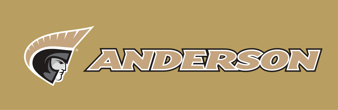 Anderson University athletic wordmark with icon, Pantone Uncoated, gold text, horizontal variant