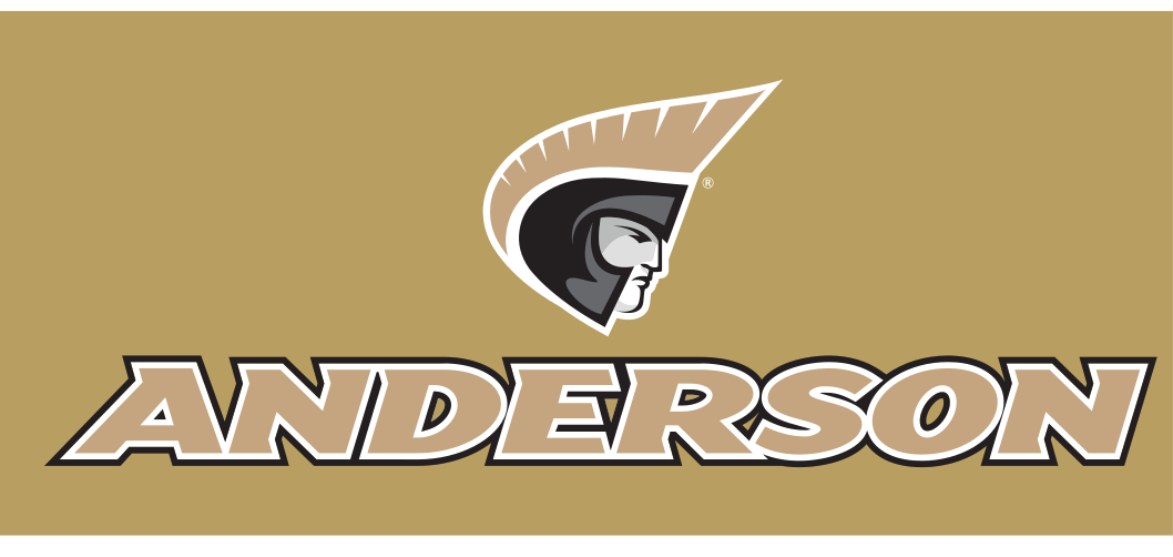 Anderson University athletic wordmark with icon, Pantone Uncoated, gold text, stacked variant