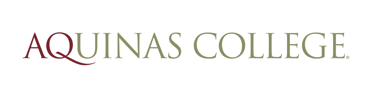 Aquinas College wordmark, horizontal, maroon and sage green variant, cell 1
