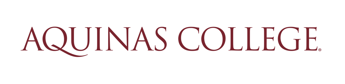 Aquinas College wordmark, horizontal, maroon variant, cell 2