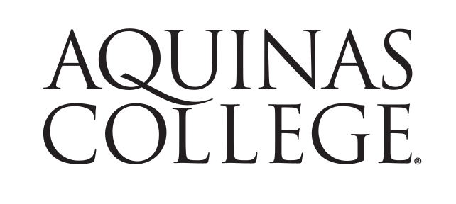Aquinas College wordmark, stacked, black variant, cell 7