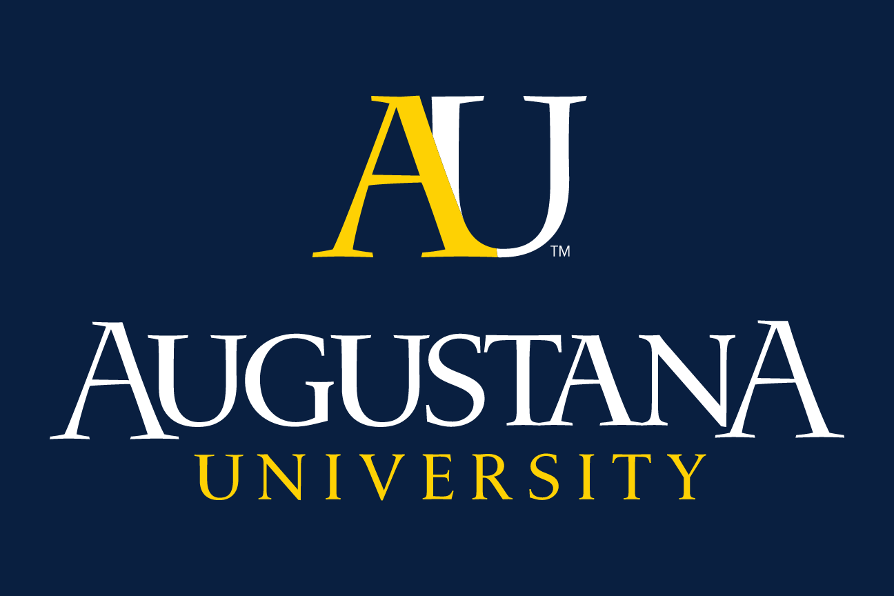 Augustana University logo, stacked gold white on navy variant, cell 28