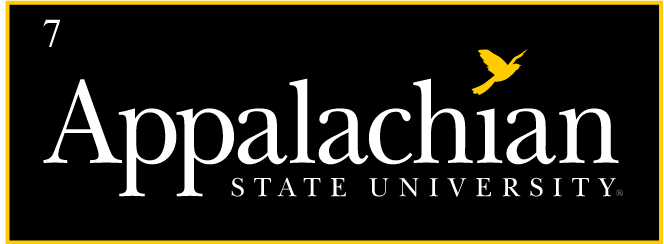 Appalachian State University institutional mark, white and gold on black variant, cell 27