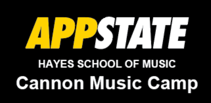 App State Unit Logo, Hayes School of Music Cannon Music Camp, vertical, white/gold variant