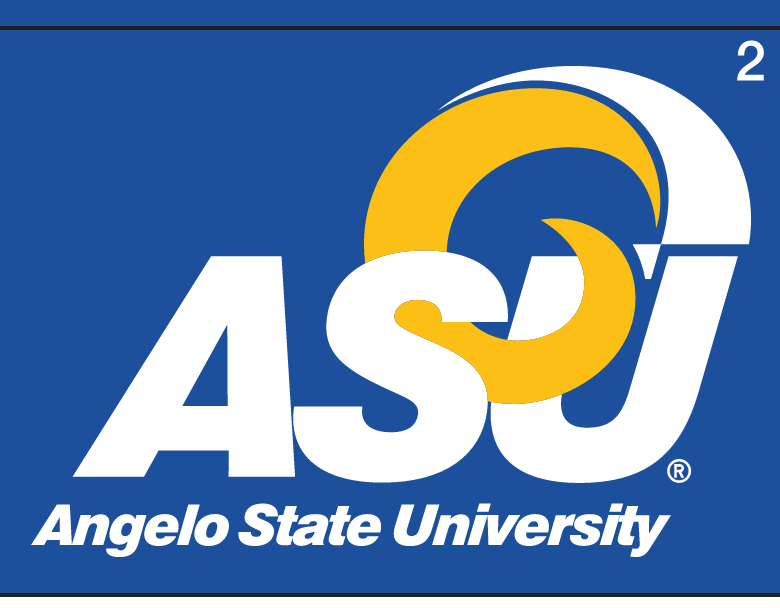 ASU Ram Head Logo with Angelo State University text, white and gold on blue variant, cell 2