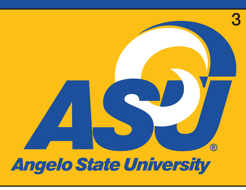 ASU Ram Head Logo with Angelo State University text, blue and white on gold variant, cell 3