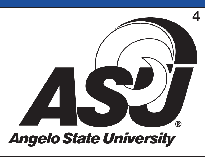 ASU Ram Head Logo with Angelo State University text, black and white variant, cell 4