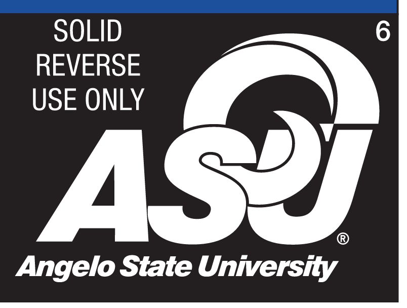 ASU Ram Head Logo with Angelo State University text, solid white on black variant, cell 6