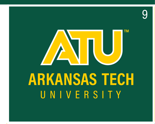 ATU Arkansas Tech University logo, stacked, color on green variant, cell 9