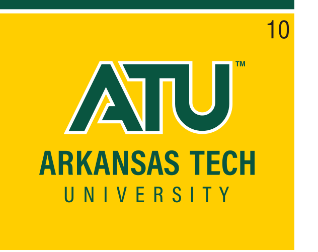 ATU Arkansas Tech University logo, stacked, color on yellow variant, cell 10