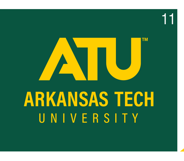 ATU Arkansas Tech University logo, stacked, color on green variant, cell 11