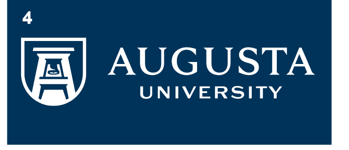 Augusta University logo, primary, stacked, white variant, cell 42