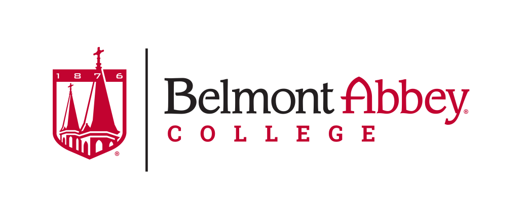 Belmont Abbey College logo, horizontal, red and black on white variant, cell 50