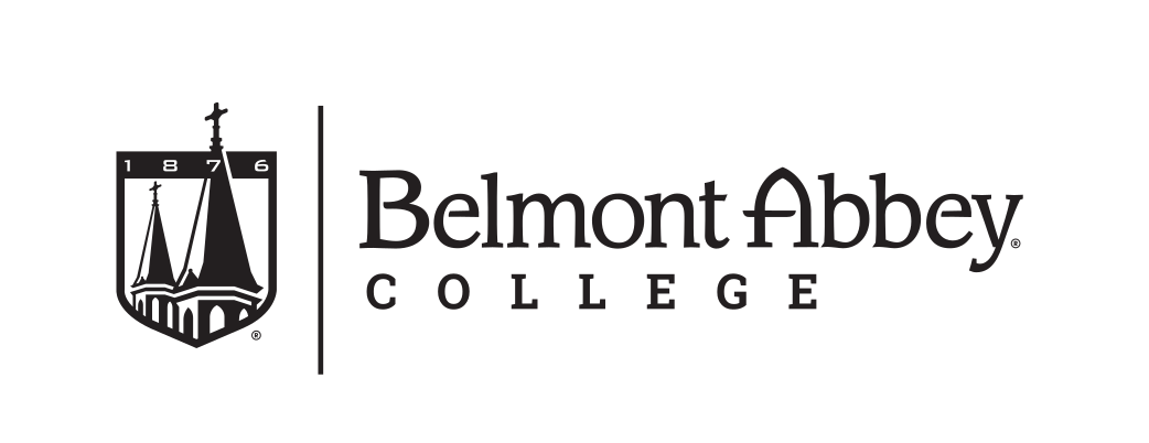 Belmont Abbey College logo, horizontal, black on white variant, cell 52