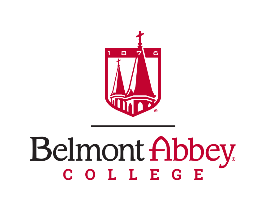 Belmont Abbey College logo, stacked, red and black on white variant, cell 58