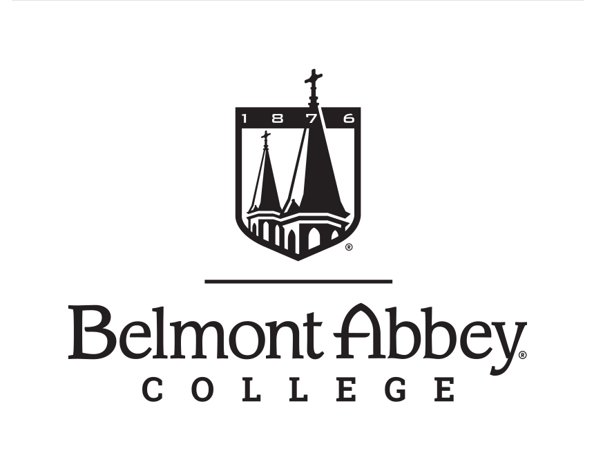 Belmont Abbey College logo, stacked, black on white variant, cell 60