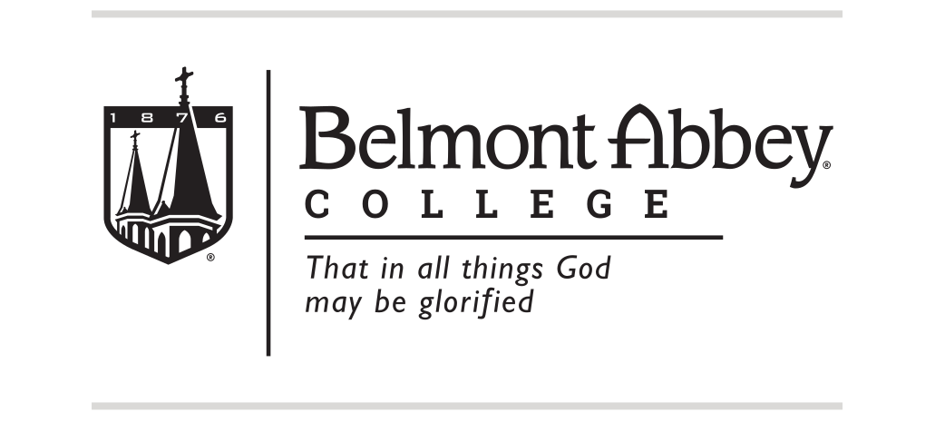 Belmont Abbey College logo with tagline, horizontal, black on white variant, cell 56