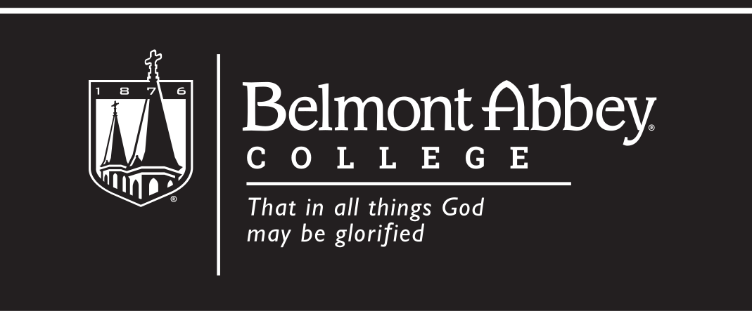 Belmont Abbey College logo with tagline, horizontal, white on black variant, cell 57