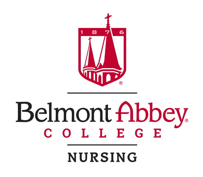 Belmont Abbey College Nursing logo, stacked, red/black on white variant, cell 90