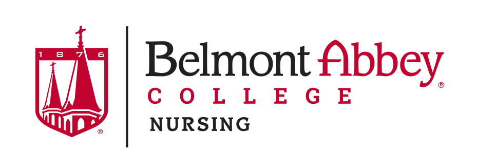 Belmont Abbey College Nursing logo, horizontal, red/black on white variant, cell 92