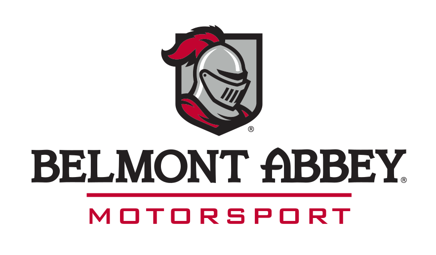 Belmont Abbey Motorsport logo, shield with helmet, red/black on white variant, cell 93