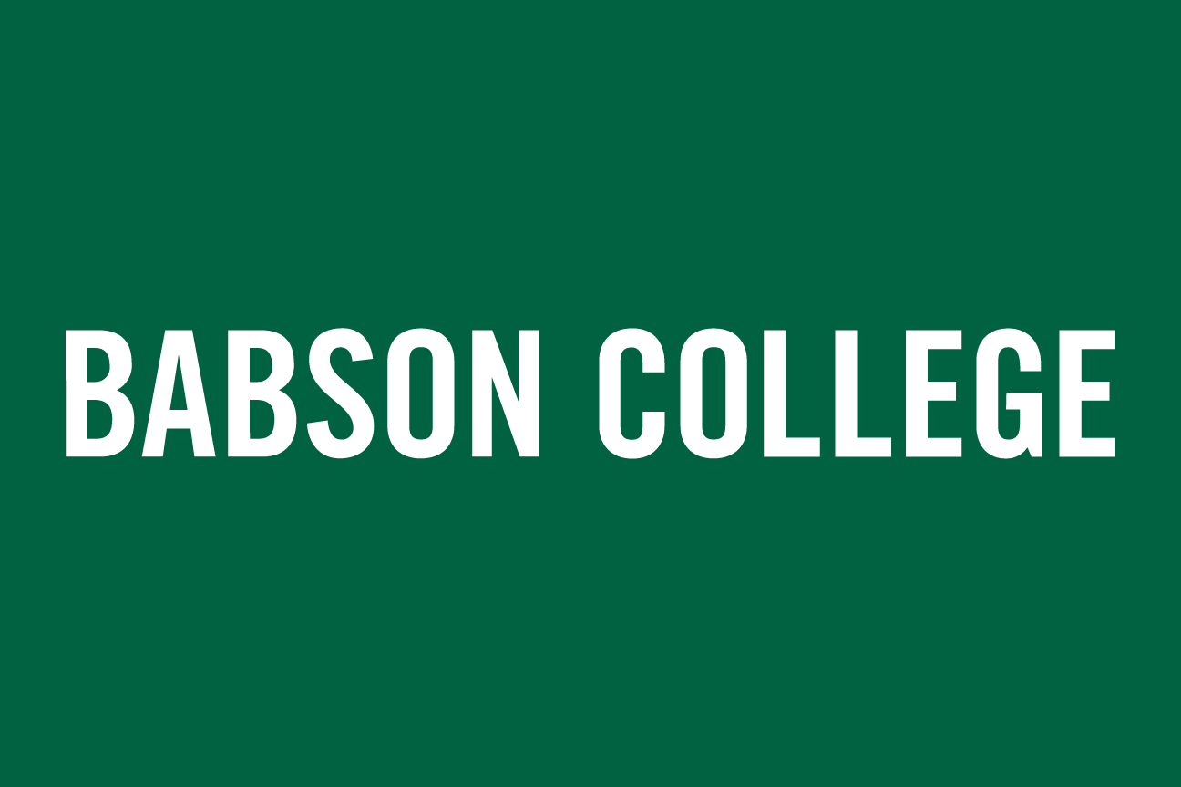 Babson College wordmark, white on green background variant, cell 3