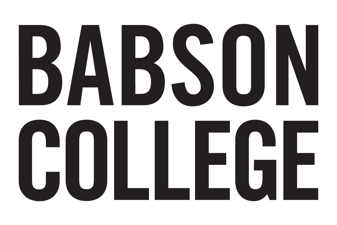 Babson College stacked wordmark, white on green variant, cell 5