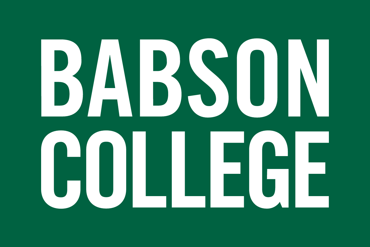 Babson College stacked wordmark, white on green background variant, cell 6