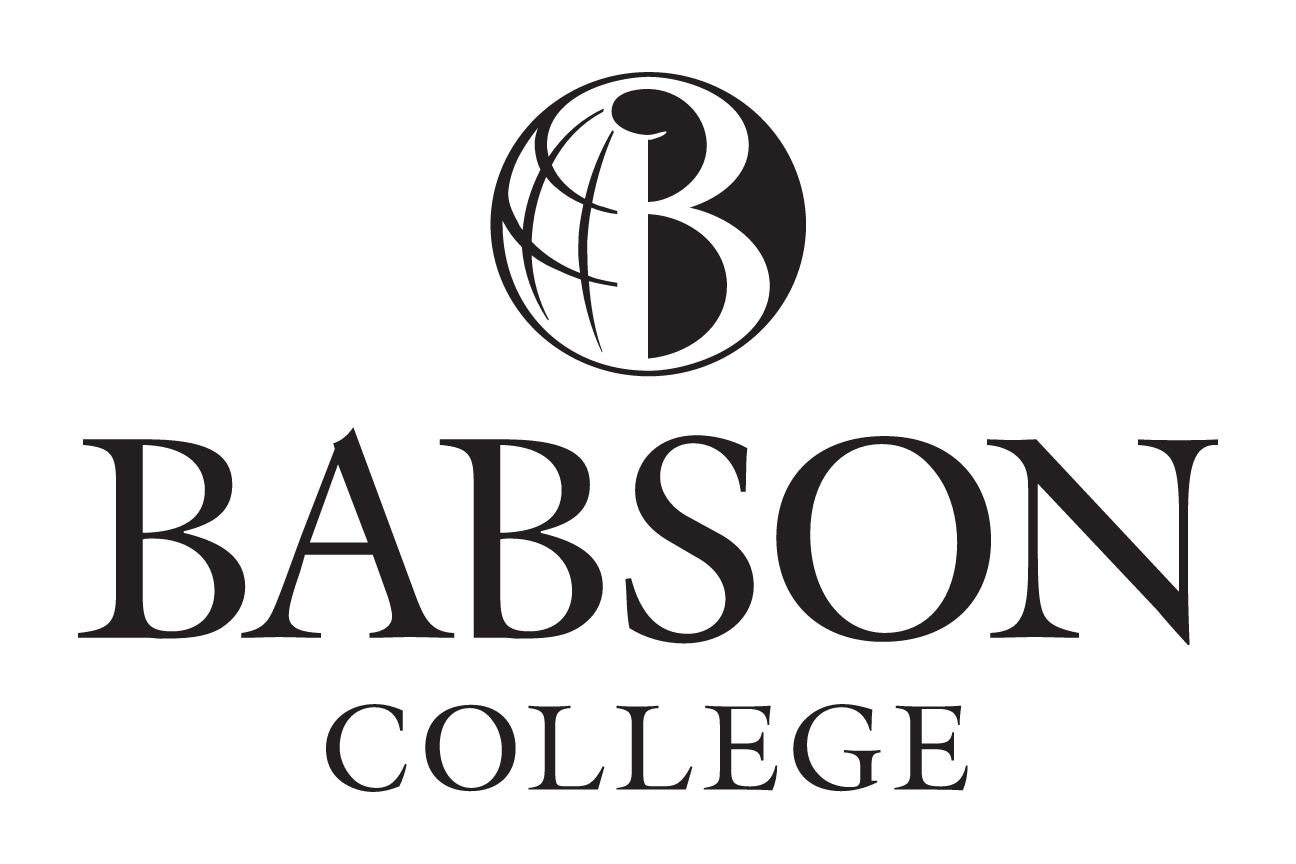 Babson College wordmark with globe icon, white on green variant, cell 8