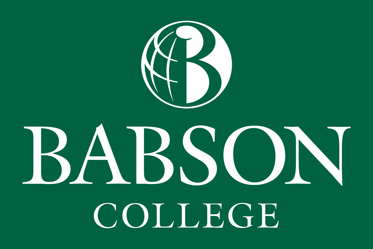 Babson College wordmark with globe icon, white on green background variant, cell 9