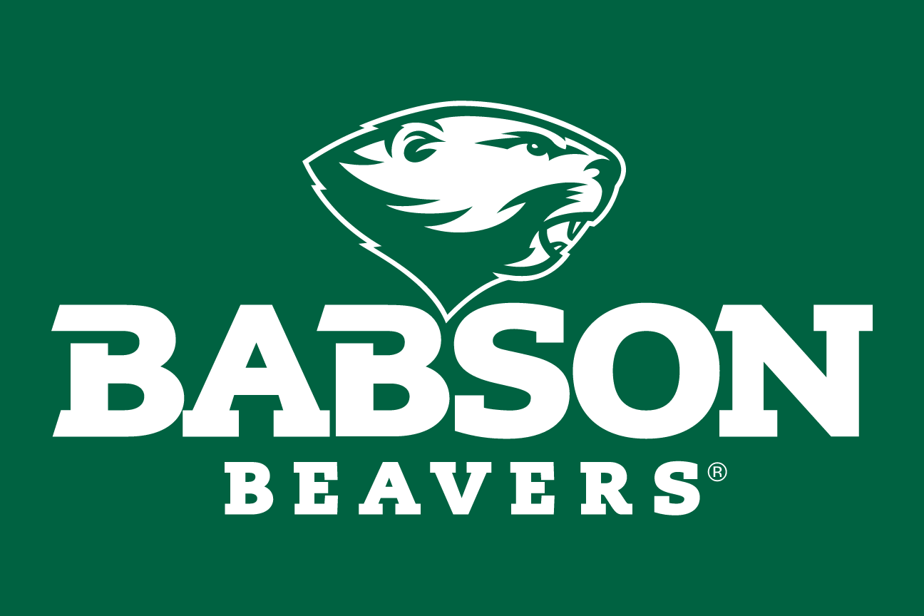Beaver head with Babson Beavers wordmark, white/grey on green background variant, cell 14