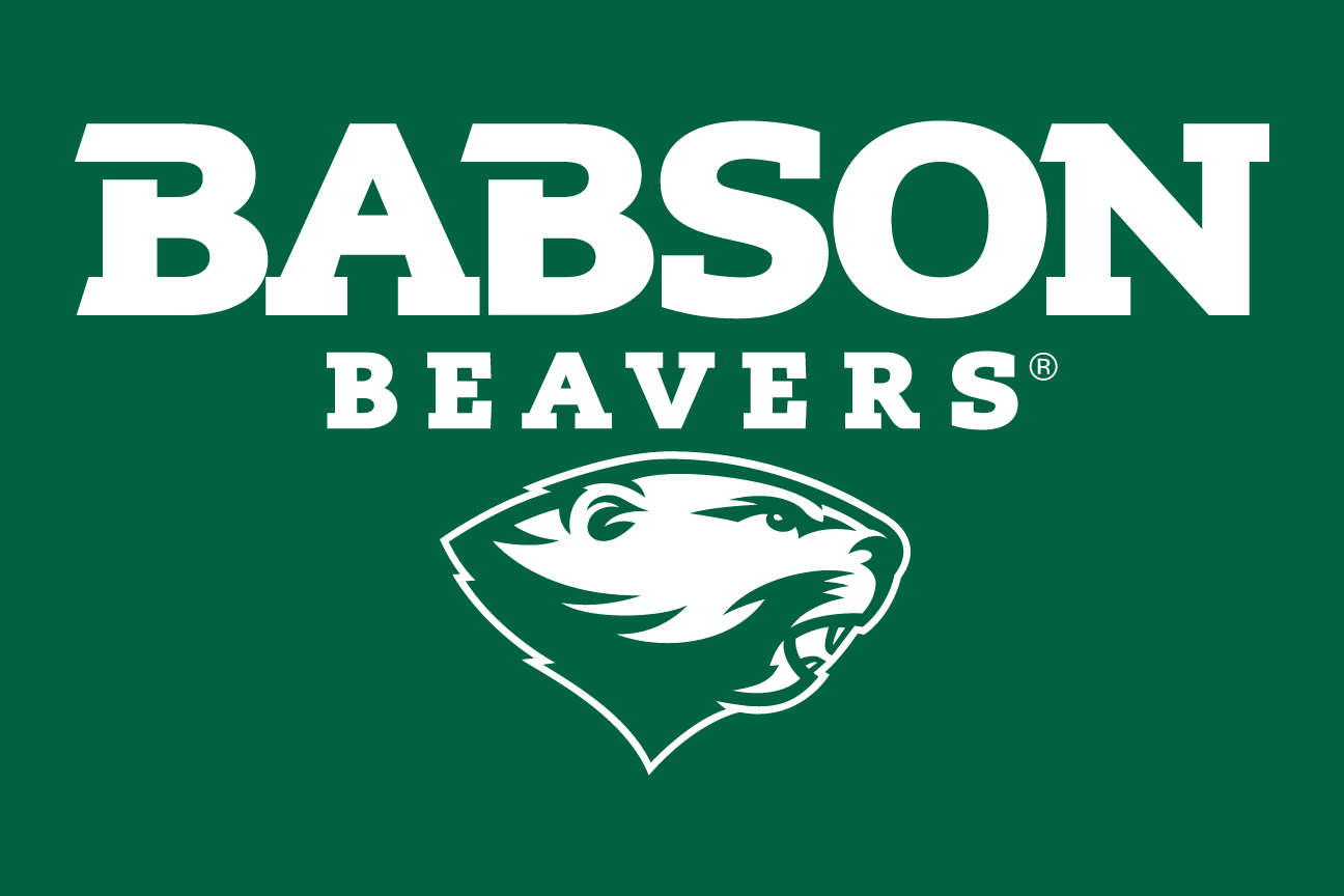 Babson Beavers wordmark with beaver head, white/grey on green background variant, cell 17