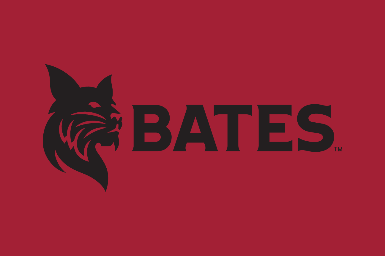 Bates Bobcat primary logo, horizontal mascot head and wordmark, black on maroon variant, cell 35